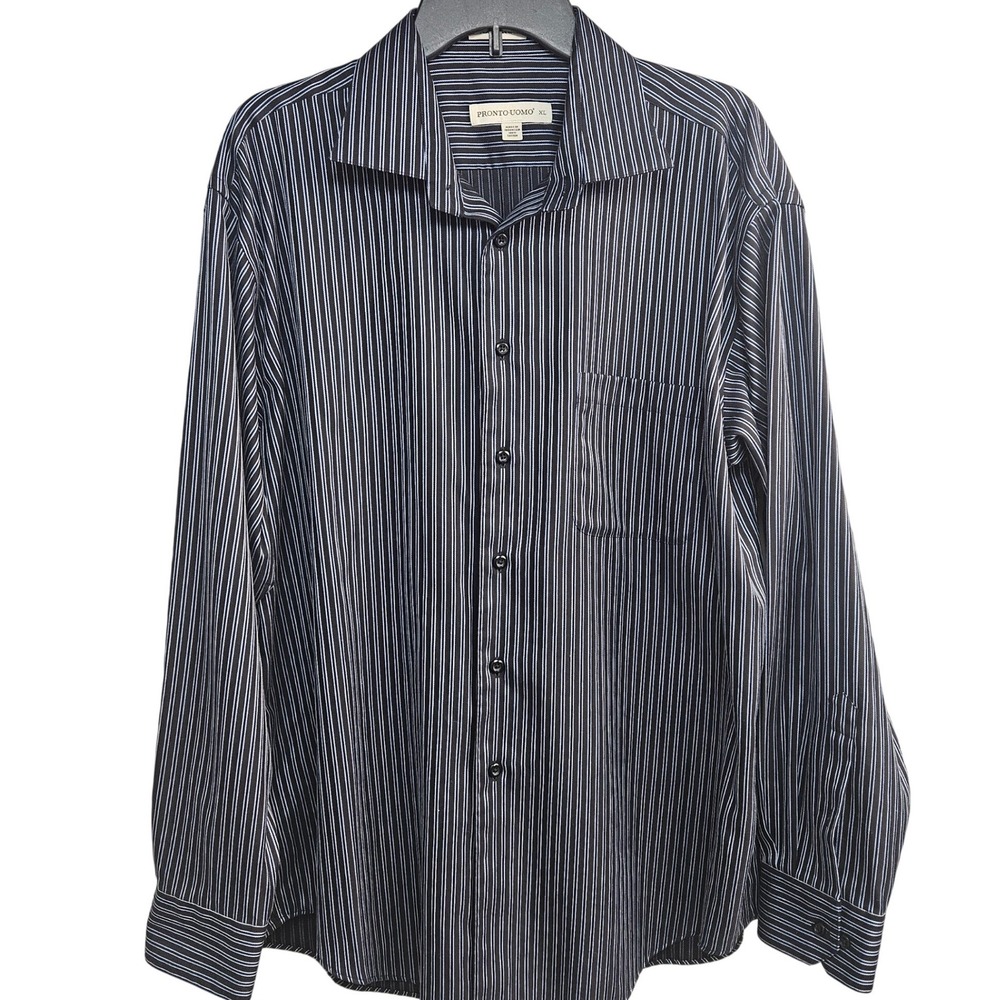 Pronto Uomo Mens XL Non Iron Cotton Striped Long Sleeve Button Down Shirt Navy